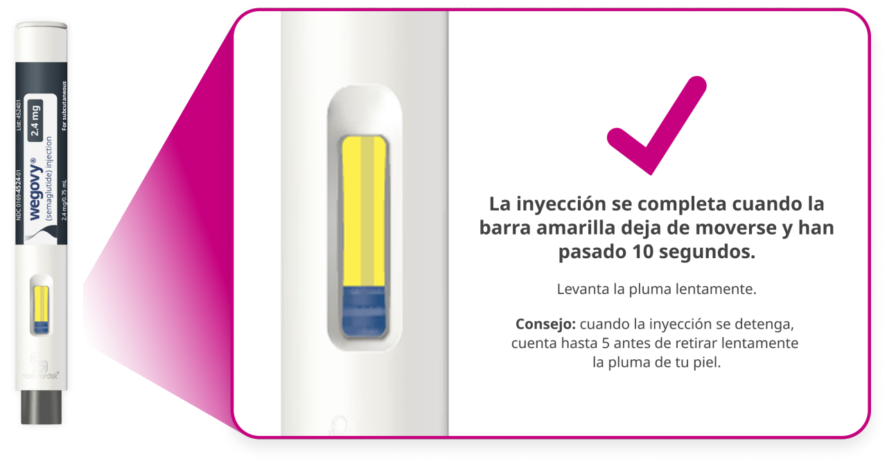 The injection is complete when the yellow bar has stopped moving and 10 seconds have passed.