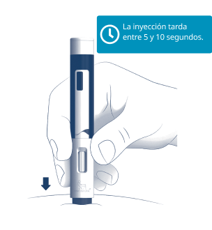 Illustration of hands pushing the pen firmly against the skin to start the injection.