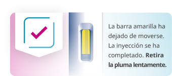 A close-up of the pen window when the injection is complete. The yellow bar fills most, but not all, of the pen window.